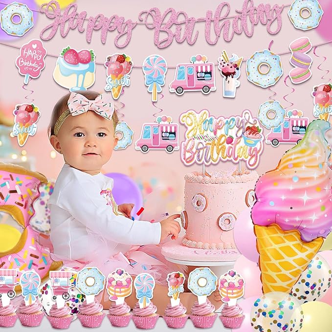 Sweets Birthday Party Decorations for Girls- Pastel Ice Cream Party Supplies, Donut Balloons Happy Birthday Banner Cupcake Topper Candy Theme Birthday for Baby Shower Wedding
