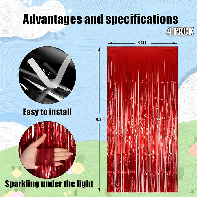 Valentines Day 4 Pack 3.3 * 8.3 ft Foil Curtain Metallic Tinsel Fringe Curtains Photo Booth Props Backdrop for Birthday Wedding Engagement Baby Shower Christmas Holiday Celebration Partyl,Red
