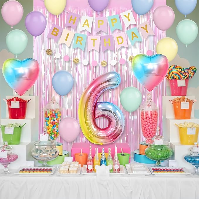 6th Birthday Decorations Rainbow,Gradient Number 6 Balloon,Pastel Happy Birthday Banner Fringe Curtain Heart Foil Balloons Boys Girls 6 Year Old Decor