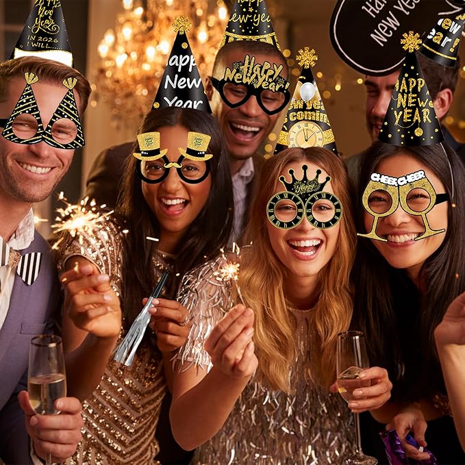 Openfly 24Pcs New Years Eve Party Supplies 2026 Happy New Years Party Headband Hats New Year Glasses New Year Noise Makers