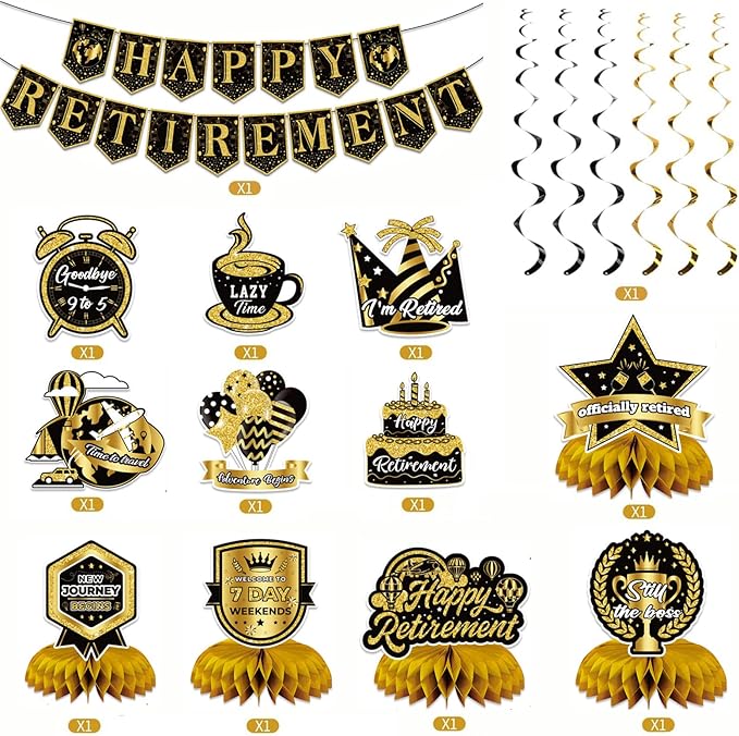 12Pcs Retirement Party Decorations for Men Women Black Gold Happy Retirement Banner Honeycomb Centerpiece Swirls Party Supplies Retired Farewell Party Set Work Graduation Party Decorations