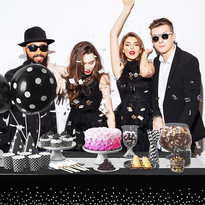 Irenare Tablecloth and Sequin Table Runner Set Polka Dots Confetti Table Cover Dining Plastic Tablecloths Glitter Decorations for Birthday Wedding Anniversary Party Supplies(Black, Silver,2 Pcs)
