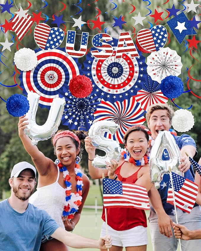 26 Pcs 4th of July Decorations Outdoor, Patriotic Decorations LOVE USA Banner Red White Blue Paper Fans Hanging Swirls Pompoms Independence Day Decor for Veterans, Memorial, Fourth of July