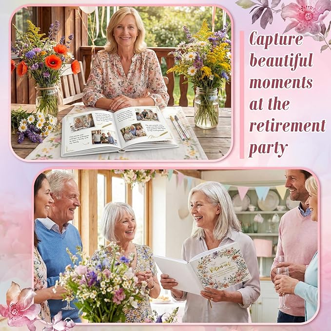 2026 Retirement Guest Book with 2 Markers 8.7'' Square Hardcover Blank Guest Photo Signing Memory Book Happy Retirement Gift Party Supplies for Women Men Teacher Grad Decor(White,Flowers)