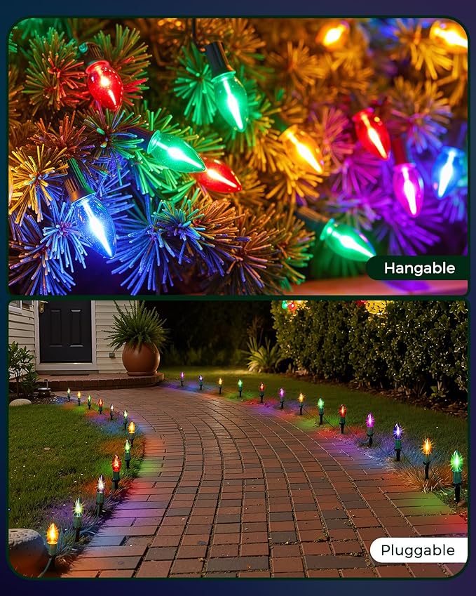 C9 Christmas String Lights Outdoor - 25.7 Feet 20 LED Christmas Pathway Lights with 20 Stakes Connectable Waterproof for Driveways Xmas Holiday Patio Decoration, Multicolored