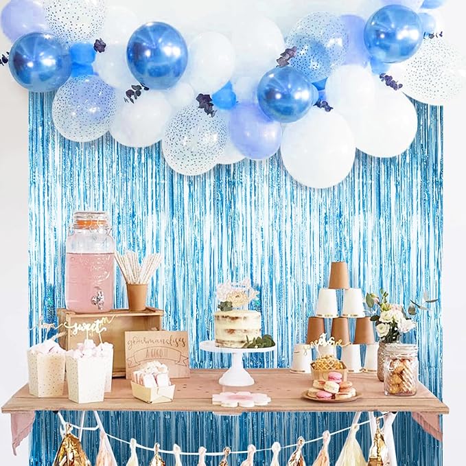 MYUPDALIN 2 Pack Blue Foil Fringe Tinsel Backdrop Party Decorations for Birthday/Mermaid/Ocean/Graduation/Baby Party Decorations
