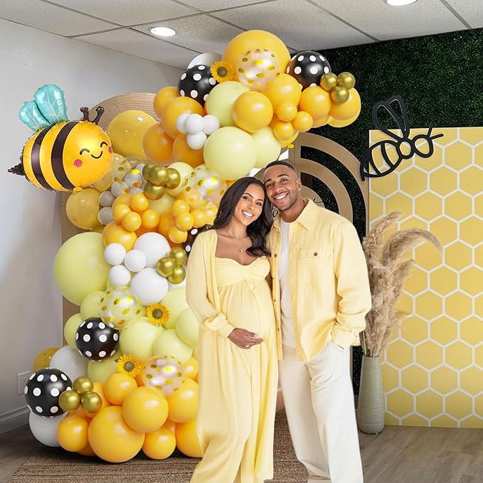 Bee Balloon Arch Kit, Black Yellow White Gold Balloon Garland with Bee Foil, Sunflower Decor for Bee Birthday, Baby Shower, Gender Reveal, Party Decorations