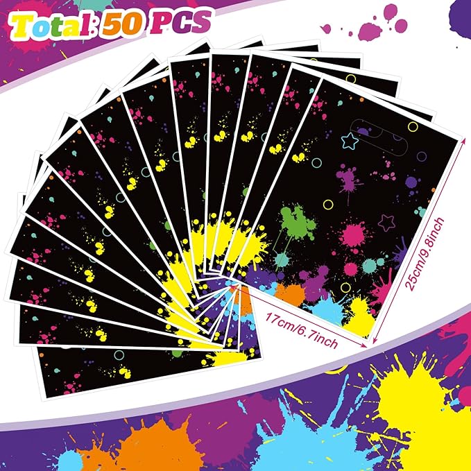 Pajean 50 Pcs Neon Candy Goodie Bags Let's Glow in The Dark Party Supplies Plastic Colorful Treat Bags Neon Gift Wrap Decor with Die Cut Handles for Glow Birthday Party Decoration(Black)