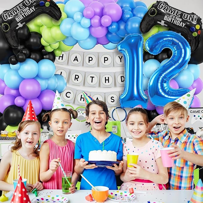 12th Birthday Video Game Balloons Arch, 12th Game Party Balloons Garland Kit 12th Birthday Supplies with Blue Number 12 Foil Balloons for 12 Year Old Teens Boys Birthday Decor