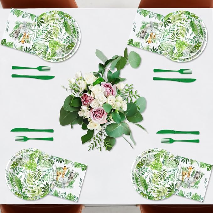 Safari Birthday Decorations Tableware - Jungle Theme Party Supplies Include Plates, Cups, Napkin, Cutlery, Tablecloth, Straws, Animal Safari Jungle Birthday Baby Shower Decorations | Serve 24