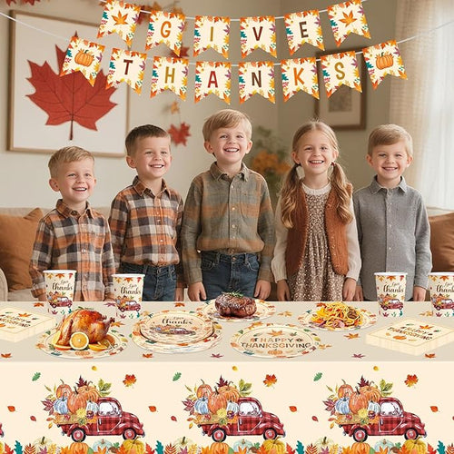 102 Pcs Thanksgiving Party Supplies Sets - Includes Happy Thanksgiving Dinner Paper Plates Napkins, Give Thanks Banner Dessert Plates Cups Tablecloth for Fall Thanks Giving Party Decorations, Serve 25