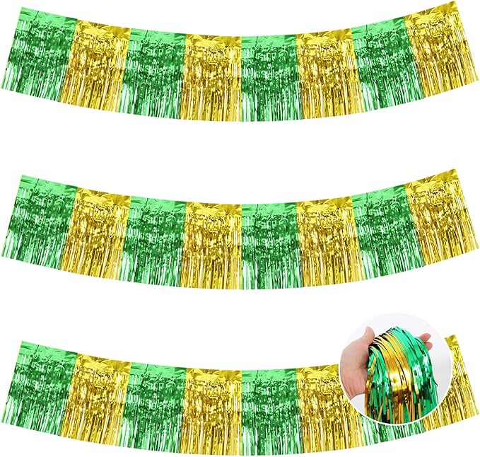 BEISHIDA 3 Packs Metallic Foil Fringe Garland Green Gold Wall Hanging Tinsel Fringe Banners for Car Floats Bridal Shower Wedding Birthday Graduation Holiday Party Decoration(30 Feet)