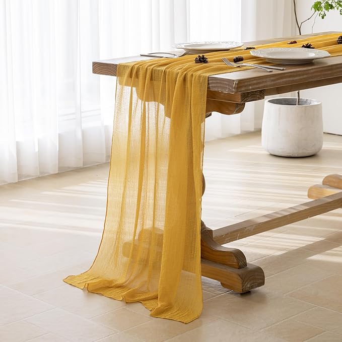Keketoarrange Golden Yellow Spring Easter Gauze Rustic Cheesecloth Table Runner 120 Inch 10 FT for Wedding Baby Shower Bridal Shower Birthday Engagement Garden Outdoor Party Sheer Boho Decorations