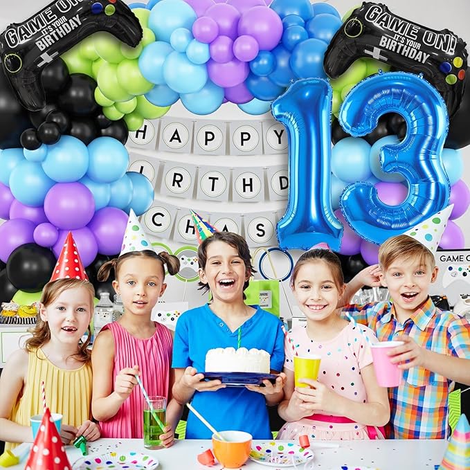 13th Video Game Balloons Arch, 13th Game Party Balloons Garland Kit 13th Birthday Supplies with Blue Number 13 Foil Balloons for 13 Year Old Teens Boys Decor