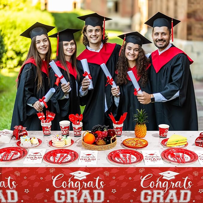 Graduation Party Supplies Congrats Grad Plates and Napkins Set Serve 50, Disposable Tableware Paper Plates Napkins Cups Knives Spoons Forks Straws for Class of 2026 Graduation Party Decorations (Red)