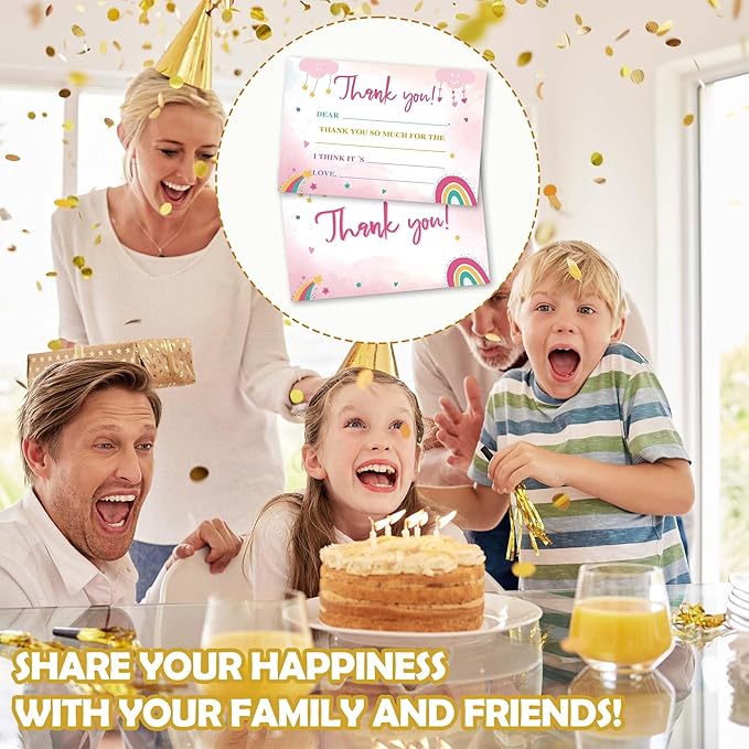 Kids Thank You Cards Fill in the Blank, Boho Rainbow Thank You Notes For Boys Girls, Pink Rainbow Greeting Card, Birthday Party Decorations Favors (20 Cards With 20 Envelopes) -30