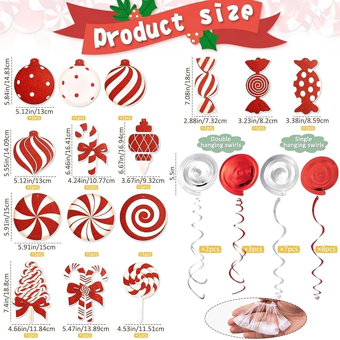 Candy Cane Christmas Party Decorations - 20pcs Red Candy Cane Lollipop Peppermint Christmas Hanging Swirls Decorations for Xmas Home Candyland Winter Holiday Party Decor Supplies