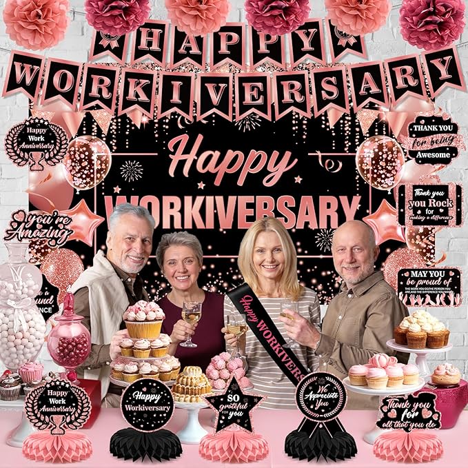 Happy Work Anniversary Decorations Rose Gold Happy Workiversary Banner Honeycomb Centerpieces Hanging Swirls Tissue Paper Pompoms Sash Set for Women Office Employee Worker Appreciation Party Supplies