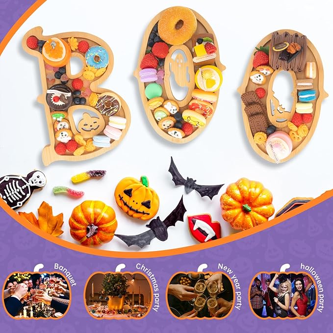 3PCS Wooden Halloween Charcuterie Board Set - Boo Letters (with 14 Balloons) - Halloween Party Table Decoration & Food Tray Platter