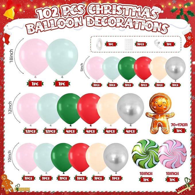 Christmas Balloon Arch Kit, Macaron Pink Red Green Ivory Metallic Silver Candy-Themed Balloons with Gingerbread Style Foil Balloons for Christmas Birthday Party Decorations Baby Shower Backdrop