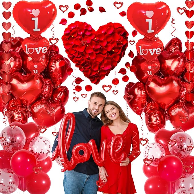 Valentines Day Decorations Set, I Love You Balloons and Red Heart Balloons With Fake Rose Petals for Valentines Day Party Wedding Anniversary Engagement Decor