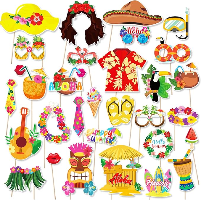 30 Pieces Luau Photo Booth Props Party Decorations Photo Props Hawaiian Themed Party Decorations Tropical Tiki Party Favors for Hawaiian Summer Pool Beach Birthday Wedding Party Supplies (Yellow)