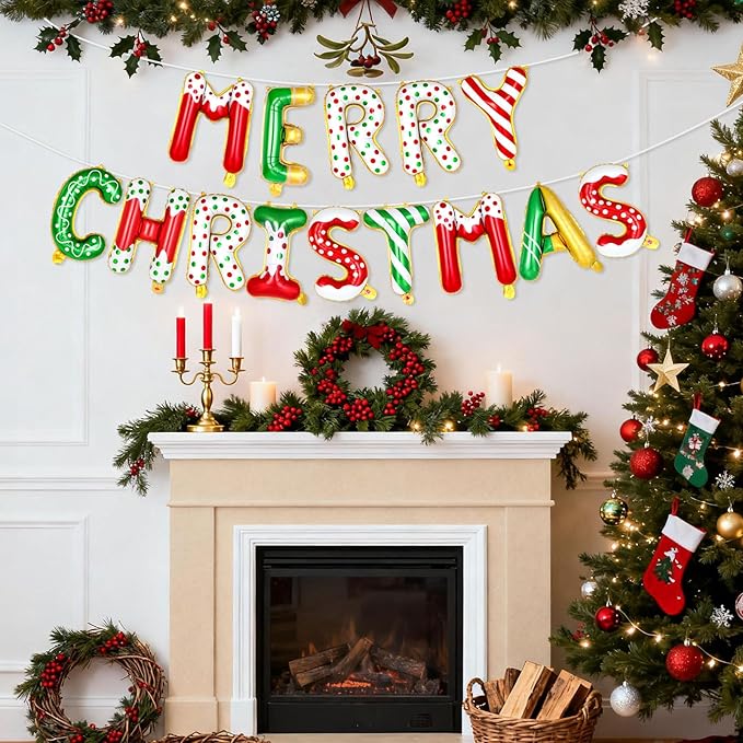 Merry Christmas Letter Balloons Banner, Merry Christmas Foil Xmas Balloon for Xmas Party Decorations (Candy Color)