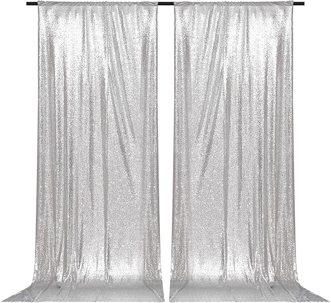 PartyDelight Silver Sequin Backdrop 5x10ft 2 Panels - High Density 3mm Shimmer Sequin Background with 4-Inch Rod Pocket, Sparkly Photography Curtain for Wedding, Stage & Event Decor