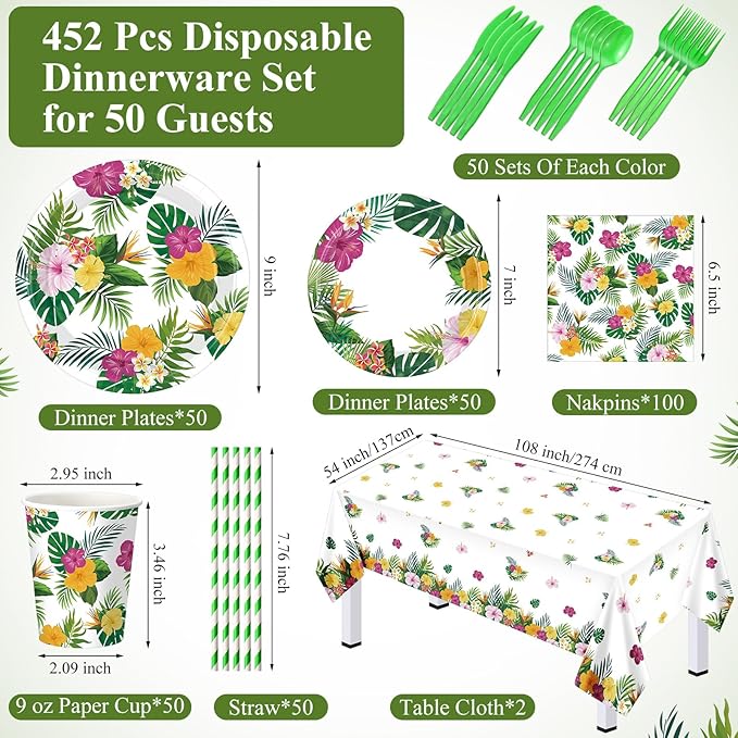 452 Pcs Hawaiian Party Decorations, Tropical Luau Paper Plates Napkins Cups Tablecloth Cutlery Straws for Summer Beach Aloha Floral Hawaiian Birthday Party Supplies Favors, Serves 50
