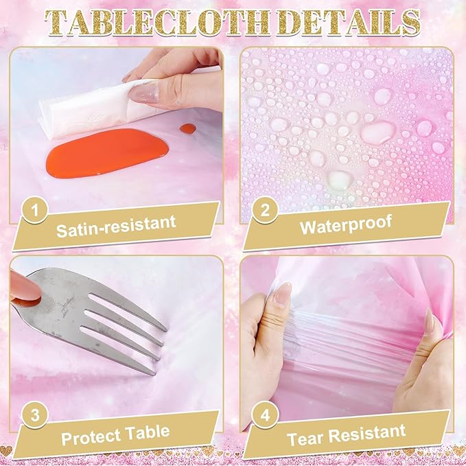 3 Pack Princess Tablecloths, 54 x 108 Inch Disposable Pink Rose Castle Themed Table Cloth Waterproof Pink Tablecloth Rectangle Birthday Party Table Cover for Girls Birthday Baby Shower Party Supplies