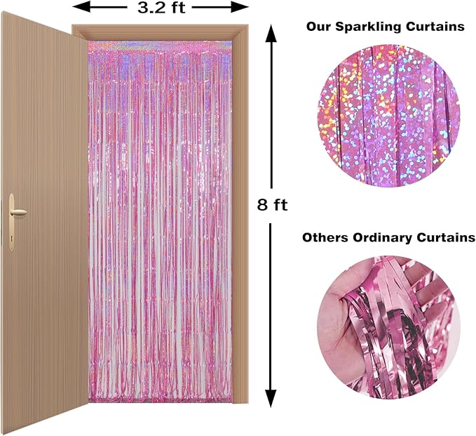 Melsan Pink Foil Fringe Curtains Easter Decorations for Home – 3 Pack 3.2 x 8.2 ft Shiny Tinsel Backdrop for Bachelorette Party, Disco Y2K Decorations, Girls Birthday & Photo Booth Backdrop