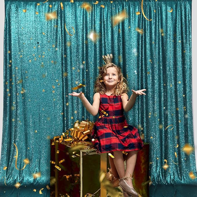 PartyDelight Teal Sequin Backdrop 10x10ft - High Density 3mm Shimmer Sequin Background with 4-Inch Rod Pocket, Sparkly Photography Curtain for Wedding, Gala, Stage & Large Event Decor