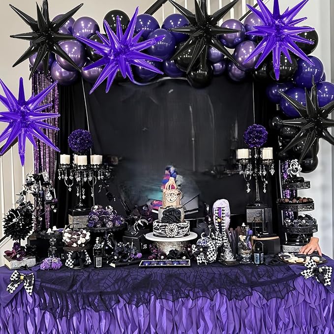 6PCS Purple Black Star Balloons, 22Inch Large Star Shaped Balloon Foil Spike Balloon Cone Balloons for Girls Women Birthday Graduation Halloween Party Decorations