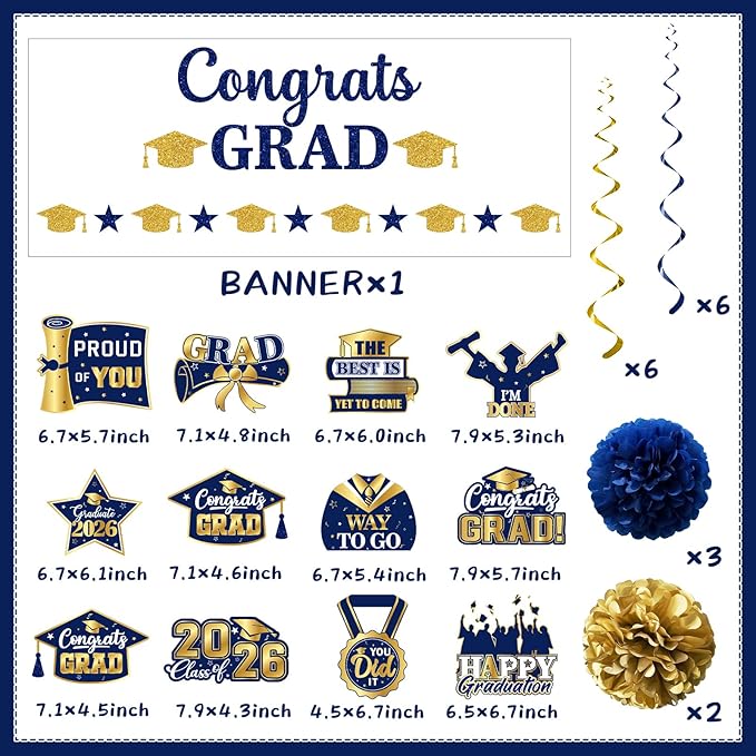 Navy Blue Graduation Decorations, Glitter Congrats Grad Banner Hanging Swirls and Tissue Pom Poms, Navy Blue and Gold Graduation Decorations for Class of 2026 College Graduations Party Decorations