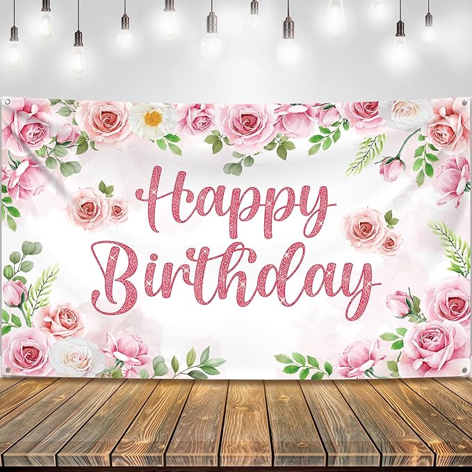KatchOn, XtraLarge Pink Happy Birthday Banner - 72x44 Inch | Birthday Decorations for Girls, Women | Pink Glitter Backdrop for Floral Party Decorations