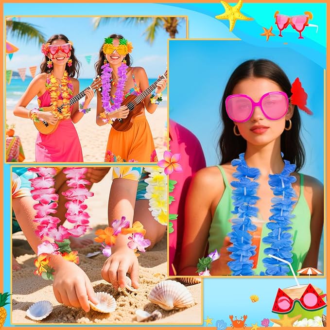 36 PCS Hawaiian Beach Tropical Party Decorations, Fun Summer Kids Party Favors with Luau Sunglasses and Hawaiian Leis Necklaces Bracelets for Beach Pool Themed Party Supplies Decoration