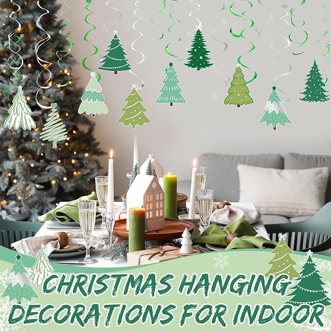 Colarr 50 Pack Green Christmas Hanging Swirls Decorations Christmas Tree Foil Ceiling Swirls Spiral Streamers Ornaments for Classroom Office Home Xmas Holiday Winter Party Supplies