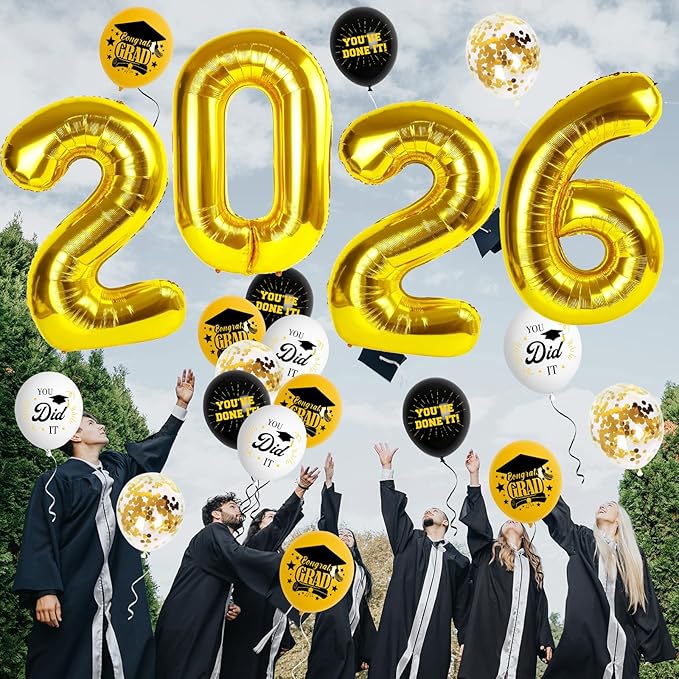 Graduation Decorations 2026, Class of 2026 Backdrop, Banner, 2026 Foil Balloons, Tablecloth, Hanging Swirls, Honeycomb Centerpieces, Party Supplies Decorations Set for College (Black ang GOLD)