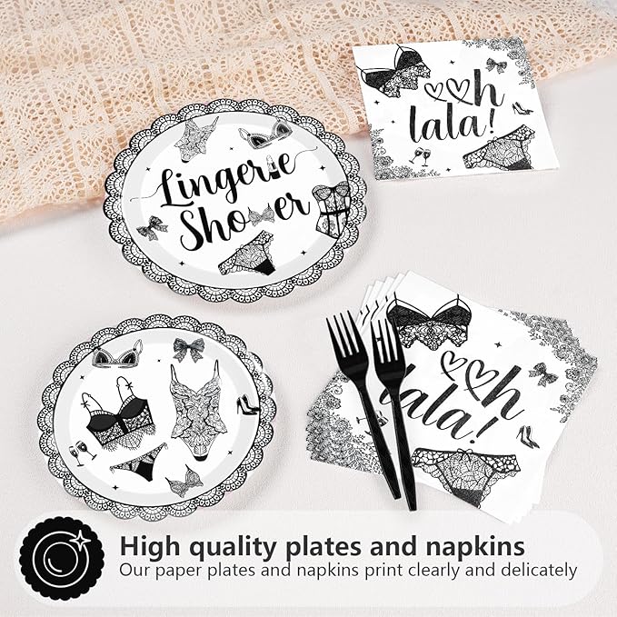 96Pcs Black Lingerie Bridal Shower Decorations Bras and Panties Plates and Napkins Lingerie Bachelorette Party Tableware for Women Girls Underwear Bachelorette Bridal Shower Party Supplies Serves 24