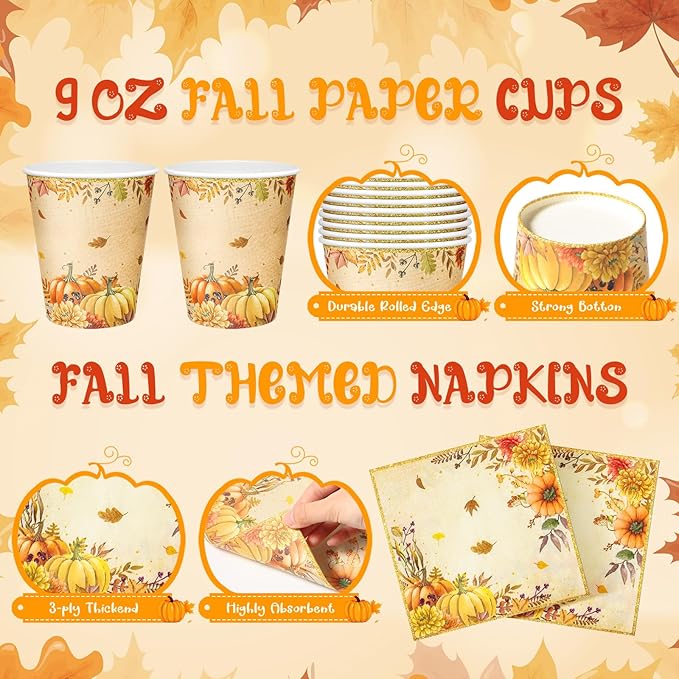 Honeydak 210 Pcs Fall Party Supplies for 30 Guests, Includes Plates, Cups, Napkins, Cutlery - Autumn Pumpkin Maple Tableware Decoration for Thanksgiving, Fall Harvest Party