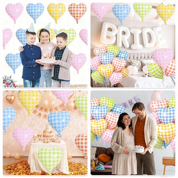 Pastel Grid Heart Balloons, 10 Pcs Rainbow Checkered Heart Shape Balloon, 18 Inch Pink Yellow Blue Red Green Lattice Foil Balloons Helium for Kids Birthday Valentines Baby Shower Party Decorations