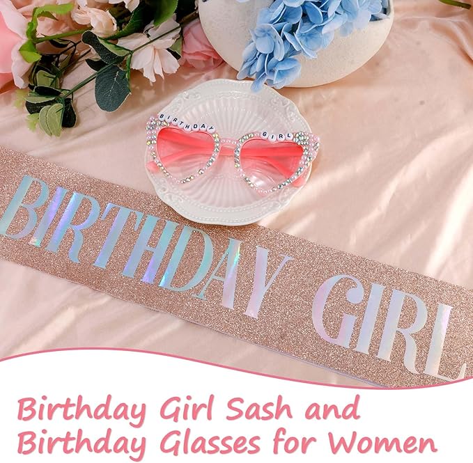 Birthday Girl Sash with Birthday Glasses for Girls and Women Glitter Birthdays Decorations for Women Happy Birth Day Party Supplies