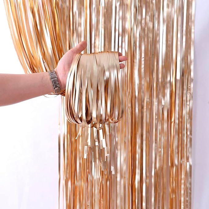 Dazzle Bright 2 Pack Backdrop Curtain, 3FT x 8FT Metallic Tinsel Foil Fringe Curtains Photo Booth Background for Baby Shower Party Birthday Wedding Engagement Bridal Shower (Champagne Gold)