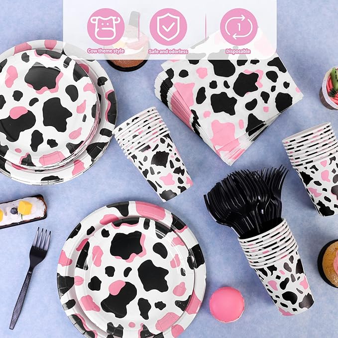 durony 144 Pieces Pink Cow Print Party Tableware Set Including Cowgirl Pink Cow Party Plates Cups Napkins Forks Serves 24 for Baby Shower Farm Cow Party Decorations