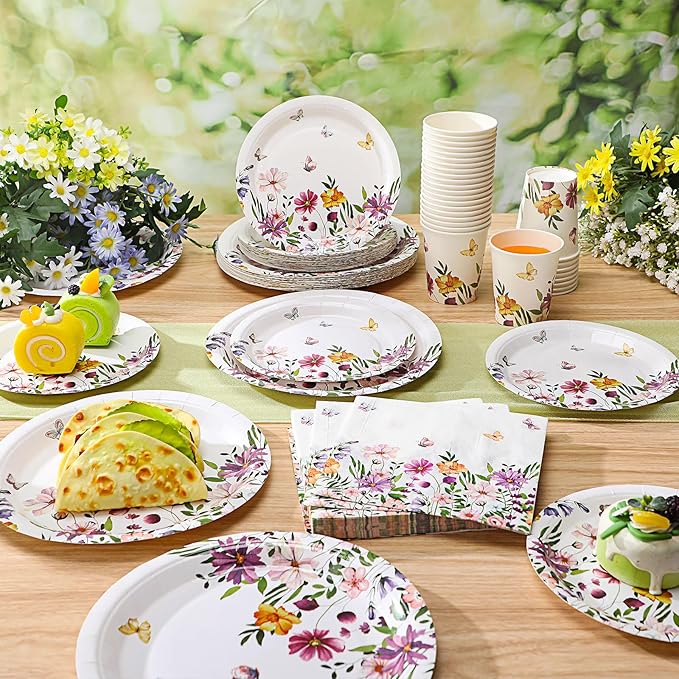 Hsei 250 Pcs Spring Wildflower Party Decoration Baby Shower Disposable Tableware Sets Birthday Supplies Serves 50 Guests Disposable Plates Napkins and Cups for Baby Bridal Shower Birthday Party