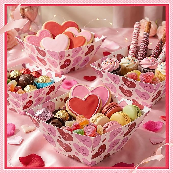 Marspark 24 Pcs Valentine's Day Popcorn Boxes Disposable Paper Bowls Sweet Hearts Popcorn Tray Containers Valentines Party Supplies Galentines Decoration Heart Treat Snack Bowl for Wedding Engagement