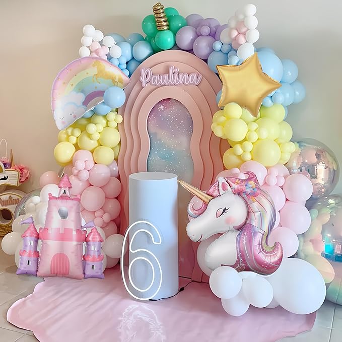 Pastel Unicorn Balloon Arch Kit, 156pcs Macaron Rainbow Balloons with Large Size Castle Unicorn Themed Foil Balloons for Girls Birthday Party Decorations Fairy Baby Shower Party Supplies