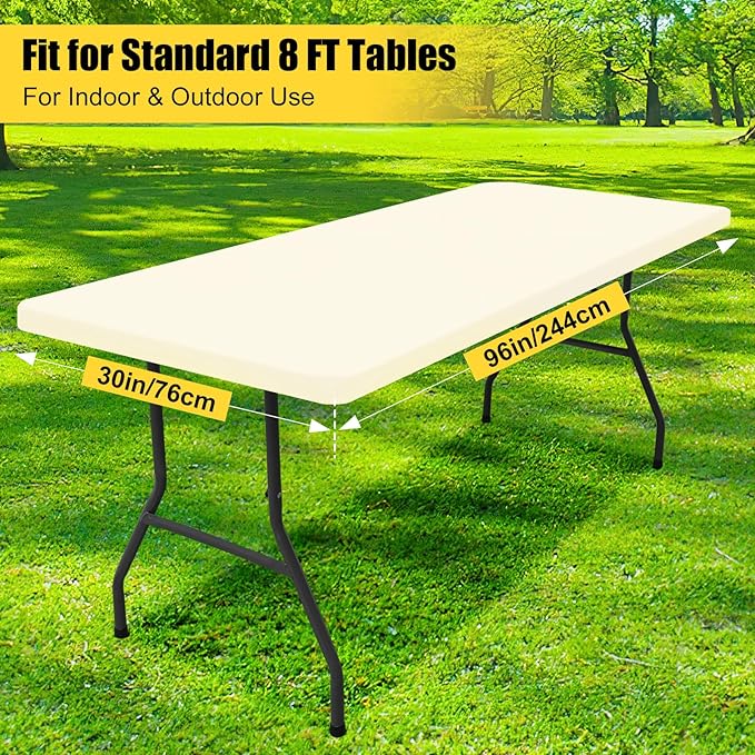 Smiry 2 Pack Rectangle Picnic Table Cloth, Waterproof Elastic Fitted Tablecloths, Washable Polyester Rectangular Patio Table Cover for Camping, Indoor and Outdoor (Beige, 30"x96")