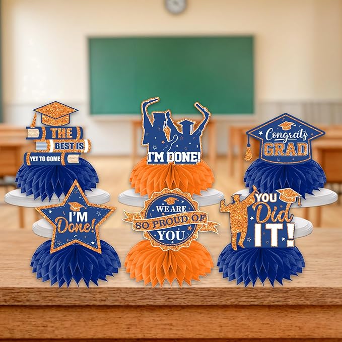 12pcs Graduation Table Decorations,Orange and Blue Graduation Decorations Graduation Centerpieces for Tables Class of 2026 Centerpieces Honeycomb for 2026 Congrats Grad Table Decor (Orange and Blue)