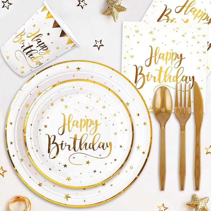 White and Gold Happy Birthday Party Plates Set, 168PCS Stars Dots Paper Plates Napkins Cups and Gold Cutlery Set, 24 Set Disposable Tableware Set for Birthday Party Decorations
